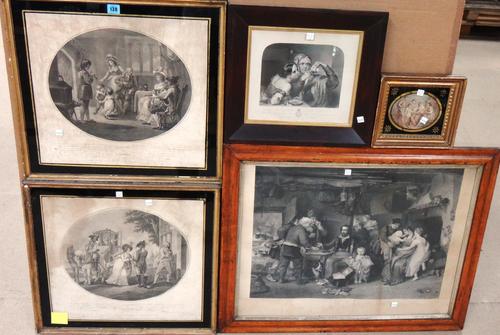 A group of five engravings of figutrative subjects, including a pair after William Hamilton 'Caroline of Lichtfield' and 'Cup Tossing' after Crowley (