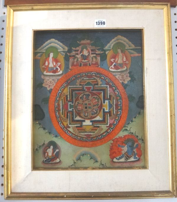 A Tibetan mandala, 19th century, pigment on linen laid on board, the central mandala surrounded by Buddhist deities seated in a landscape, 38cm. by 30