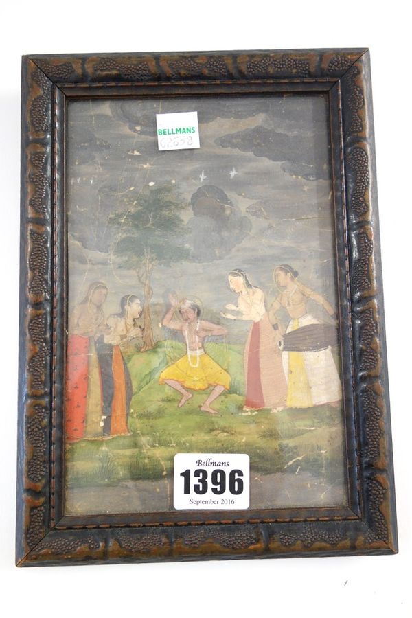 An Indian miniature painting, watercolour on paper, painted with Krishna in a landscape with four gopis (a.f), 18cm. by 11.5cm, framed and glazed.
