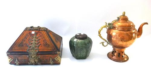 An Indian copper samovar, late 19th/20th, bulbous form on spreading pierced base, set with brass handle and finial, 33cm.high; also an Indian painted