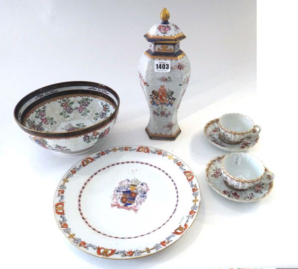 A group of Samson armorial porcelain in Chinese export style, late 19th century, comprising; a baluster vase and cover, 29cm. high; two fluted cups an
