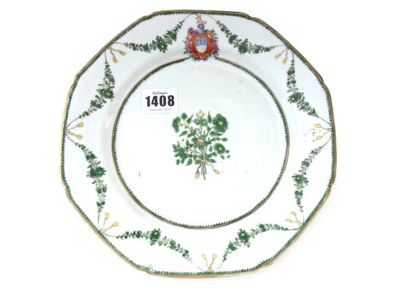 A set of nine Chinese export armorial plates made for the Portuguese market,  Qianlong, circa 1775, each painted in green and gilt with a central grou