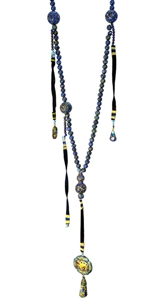 A Chinese mandarin's silver and enamel court necklace, circa 1900, composed of a row of geometric and floral pierced enamelled beads and one of gourd