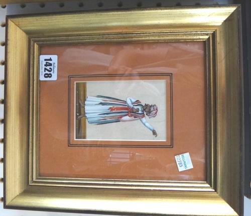 Four Indian paintings on mica, late 19th century, each painted with a single male figure, largest 13.5cm. by 9.5cm., glazed and framed.