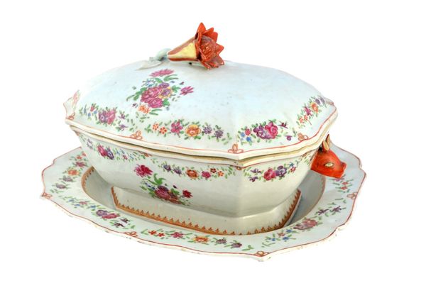 A Chinese famille rose export canted rectangular tureen, cover and stand, Qianlong, painted with groups of flowers, the tureen with hare's head handle