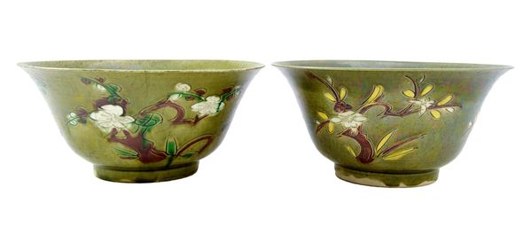Two Chinese porcelain Brinjal bowls, Kangxi, incised with flower sprays, glazed in aubergine, white, green or yellow against an olive green ground, bl