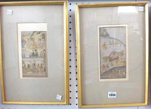 A pair of Persian miniature paintings, late 19th century, one painted with a prince being carried in a palenquin in a landscape with attendants, camel