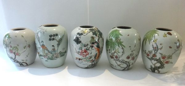 A group of five Chinese famille rose oviform jars, early 20th century, four painted with birds in branches,the fifth painted with figures in a landsca