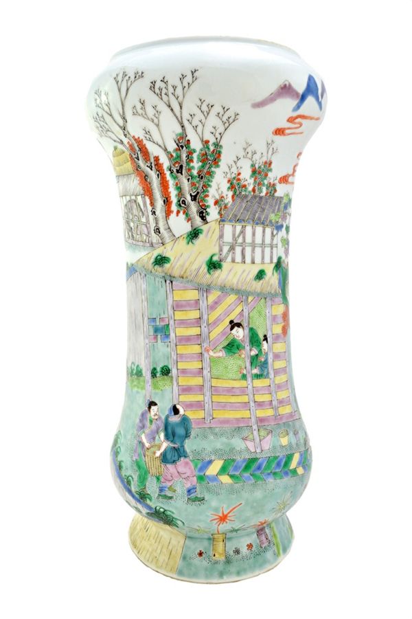 A Chinese famille-verte vase, 19th century, of waisted cylindrical form, painted with figures engaged in various activities, blue six character Kangxi