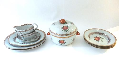A Chinese export famille-rose part service , Qianlong, painted in Compagnie des Indes style with flowers inside bamboo borders, comprising; a circular