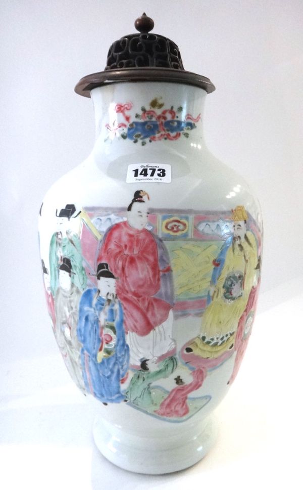 A Chinese famille-rose baluster vase, Yongzheng, painted with a group of officials, (a.f), 34.5cm. high, later wood cover.