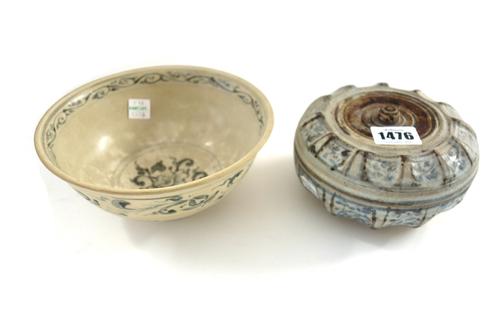 A Thai stoneware circular box and cover, 14th/15th century, the panelled body painted in dark blue with flower sprays, 13.5cm.diameter, Bluett paper l