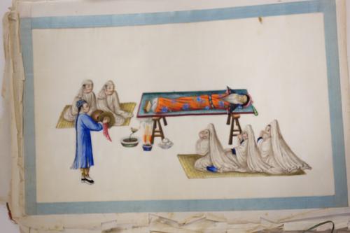 An album of fifteen Chinese paintings on rice paper, 19th century, mostly figurative subjects including scenes of torture, one painting of birds, each