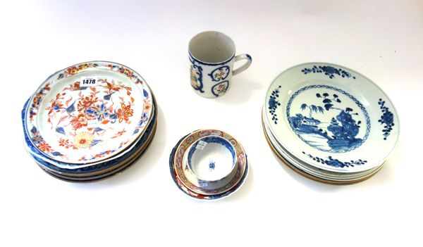 A group of twelve Chinese export blue and white plates, Qianlong, various patterns, each approx.23m. diameter; also a Chinese Imari plate painted with