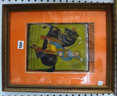 Persian school, late 19th/20th century, soldier on horseback, gouache on paper, 26cm. by 18cm., framed and glazed.