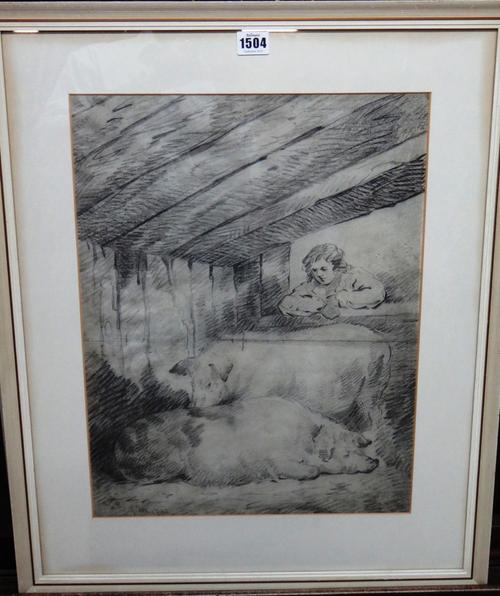 Attributed to George Morland, Pig and sow, pencil, bears initials and date 1792, 46cm x 35cm.