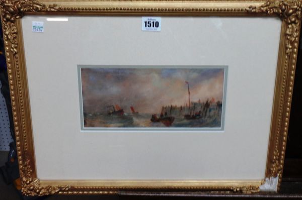 Follower of William Roxby Beverley, The harbour mouth, watercolour, 10.5cm x 24cm.