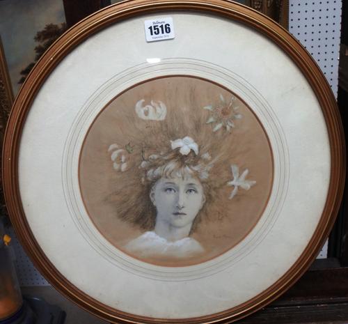 After George Francis Miles (1852-1891), 'The new year' Girl with flowers in her hair, hand tinted print, tondo, diam. 22.5cm