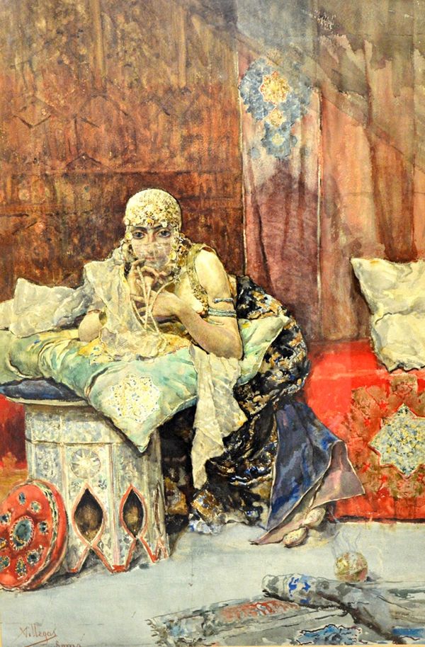 Jose Villegas y Cordero (1848-1922), In a Moorish Boudoir, watercolour, signed and inscribed Roma, 92cm x 65cm. Illustrated