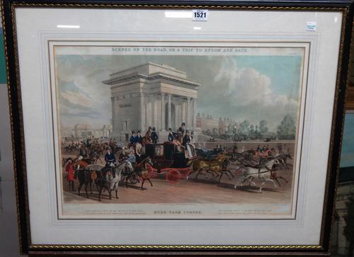 After James Pollard, Scenes on the road or a trip to Epsom and back: Hyde Park Corner; The Lord Nelson Inn, Cheam; The Cock at Sutton; Kennington Gate