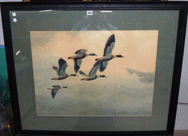 John Cyril Harrison (1898-1985), Mallard in flight, watercolour, signed, 53cm x 72cm. DDS