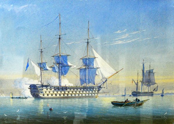 William Joy (1803-1867), H.M.S. Queen firing a salute, watercolour and pencil, signed and dated 1858, 27cm x 39cm. Illustrated