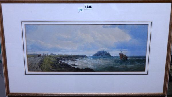 Edward Duncan (1803-1882), Sailing by a rocky coast, watercolour, signed and dated 1867, 21cm x 51cm.