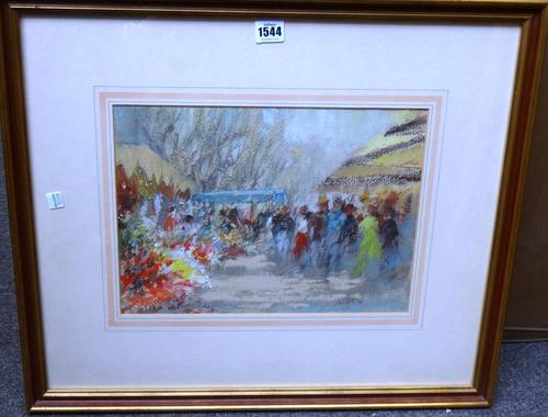 A. Clark (20th century), Flower market, Provence, watercolour and gouache with scratching out, signed and dated '74, 25.5cm x 35.5cm.