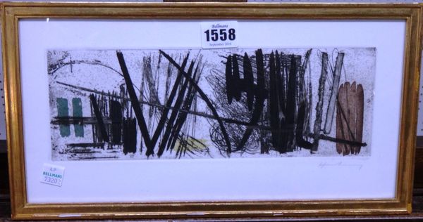 Hans Hartung (1904-1989), G 3, etching and aquatint in colours, 1953, signed, 10.5cm x 28cm. DDS