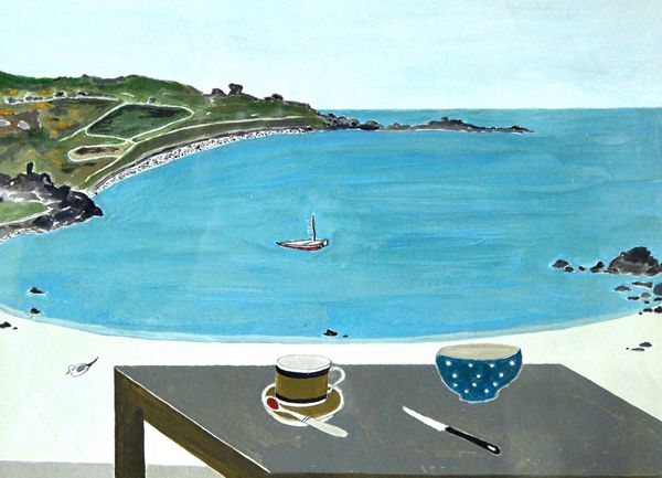 Rachel Nicholson (b.1934), Porthmear with four still life objects, gouache, inscribed and dated EASTER 1997 on reverse, 16cm x 22.5cm. DDS  Illustrate
