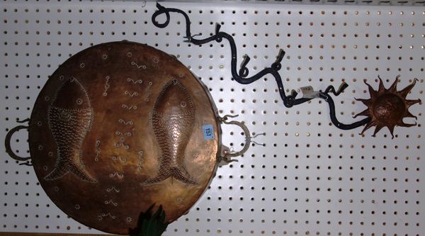 A copper pan embossed with fish, an iron and a copper wall hook, (3).