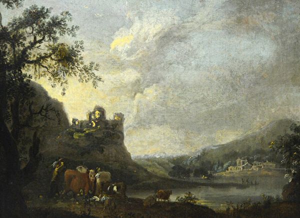 Attributed to Richard Wilson (1714-1782), Cattle and drover in a landscape, oil on canvas, 45cm x 60cm. Illustrated