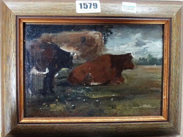 Circle of John Constable, Cattle in a landscape, oil on canvas laid on panel, 13cm x 18.5cm.