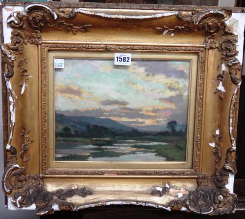 Bertram Priestman (1868-1951), Below pool near Fleet, sunset, oil on board, signed with initials and dated '15, 18cm x 26cm. DDS