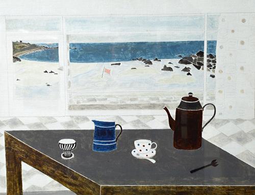 Rachel Nicholson (b.1934), View with red flag, acrylic on canvasboard, signed, inscribed and dated July 1996 on backboard, 35cm x 45cm. DDS Illustrate