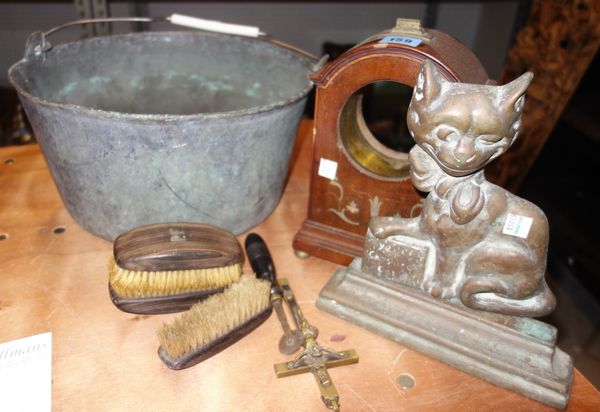 A bronze bucket with a swingover handle, a bronze door stop formed as a cat and sundry collectables, (qty).