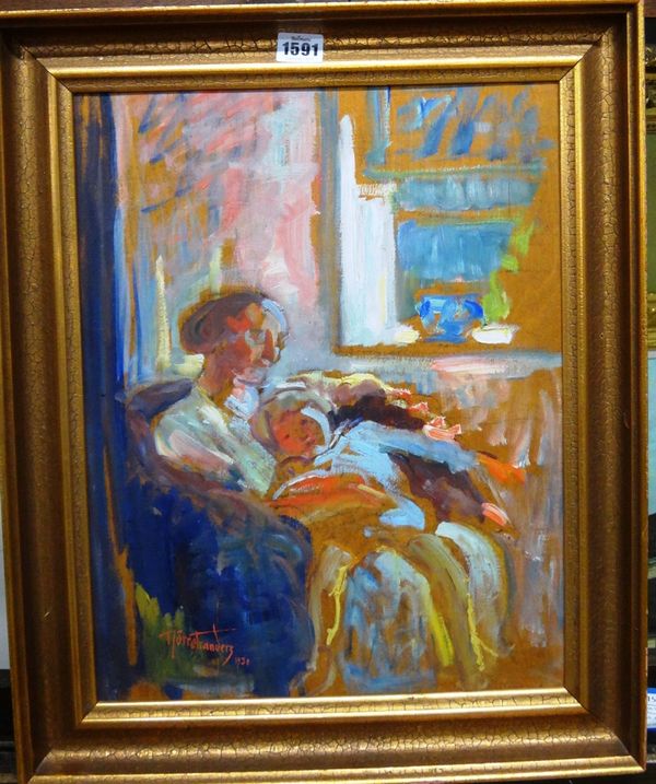Johannes Norretranders (1871-1957), Mother and child in an interior, oil on board, signed and dated 1930, 44cm x 33cm.