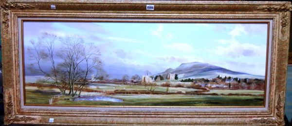Michael Barnfather (b.1934), Abergavenny Castle, oil on canvas, signed, 36cm x 105cm. DDS