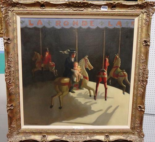 Richard Ewen (20th century), Family outing (la Ronde), oil on canvas, signed and dated 1989, 60cm x 60cm. DDS