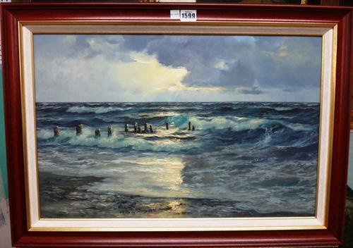 Gerhardt Geidel (1925-2011), Breakers on the shore; Evening lake scene; Wooded river scene, three, oil on board, all signed, the largest 38cm x 58cm.