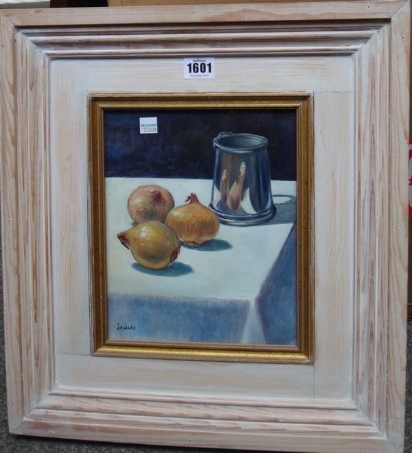 Jonathan A. Wade (20th century), Onions and pewter pot, oil on board, signed; inscribed and dated 1996 on reverse, 24.5cm x 20cm. DDS