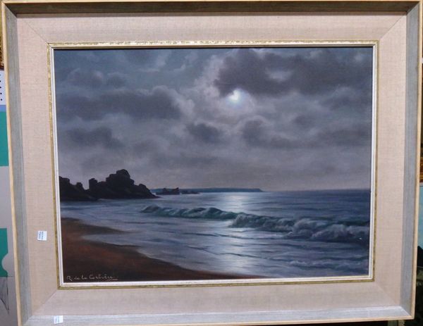 Roger de la Corbiere (1893-1974), Moonlit beach scene, oil on canvas, signed, 45cm x 60cm. DDS