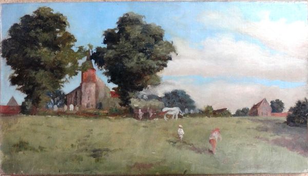 English School (late 19th century), A haywain before a church in a landscape, oil on canvas, unframed, 25cm x 46cm.