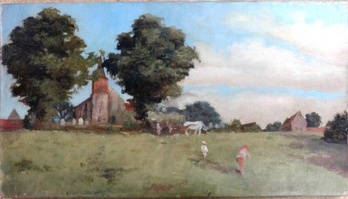 English School (late 19th century), A haywain before a church in a landscape, oil on canvas, unframed, 25cm x 46cm.
