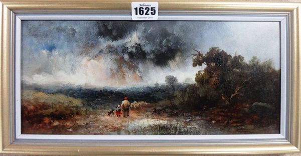 Follower of Joseph Horlor, Sheep and shepherd in a stormy landscape, oil on board, 14cm x 32cm.