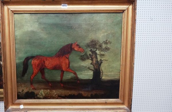 Manner of George Stubbs, A horse in a landscape, oil on canvas, 50cm x 60cm.; together with a further small oil on a dog. (2)