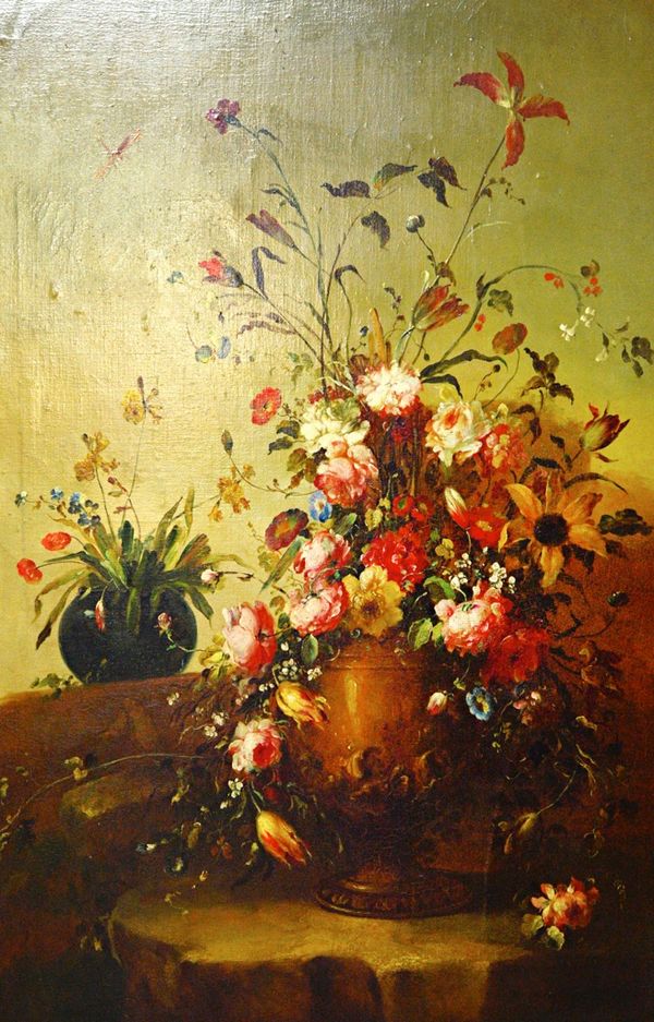 Manner of Francesco Guardi, Floral still lives, a pair, oil on canvas, each 123cm x 78cm.(2) Illustrated