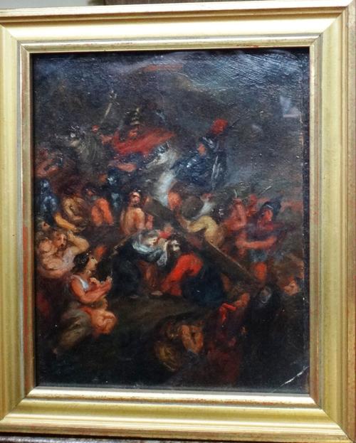 Attributed to Eugène Delacroix (1798-1863), Veronica wipes the faces of Christ, oil on card, 13.5cm x 11cm.