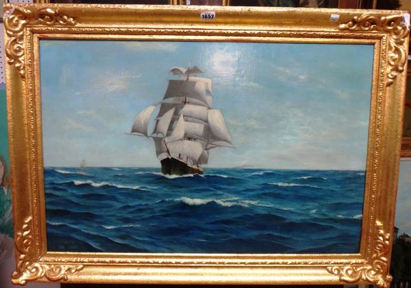 A. J. Parker (early 20th century), Clipper in full sail, oil on canvas, signed and dated Feb 1905, 50cm x 75cm.