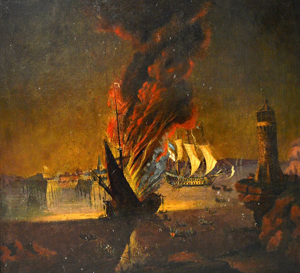 American School (18th century), Explosion of the Prudente, Louisburg, Nova Scotia, oil on canvas, 65cm x 70cm. Illustrated